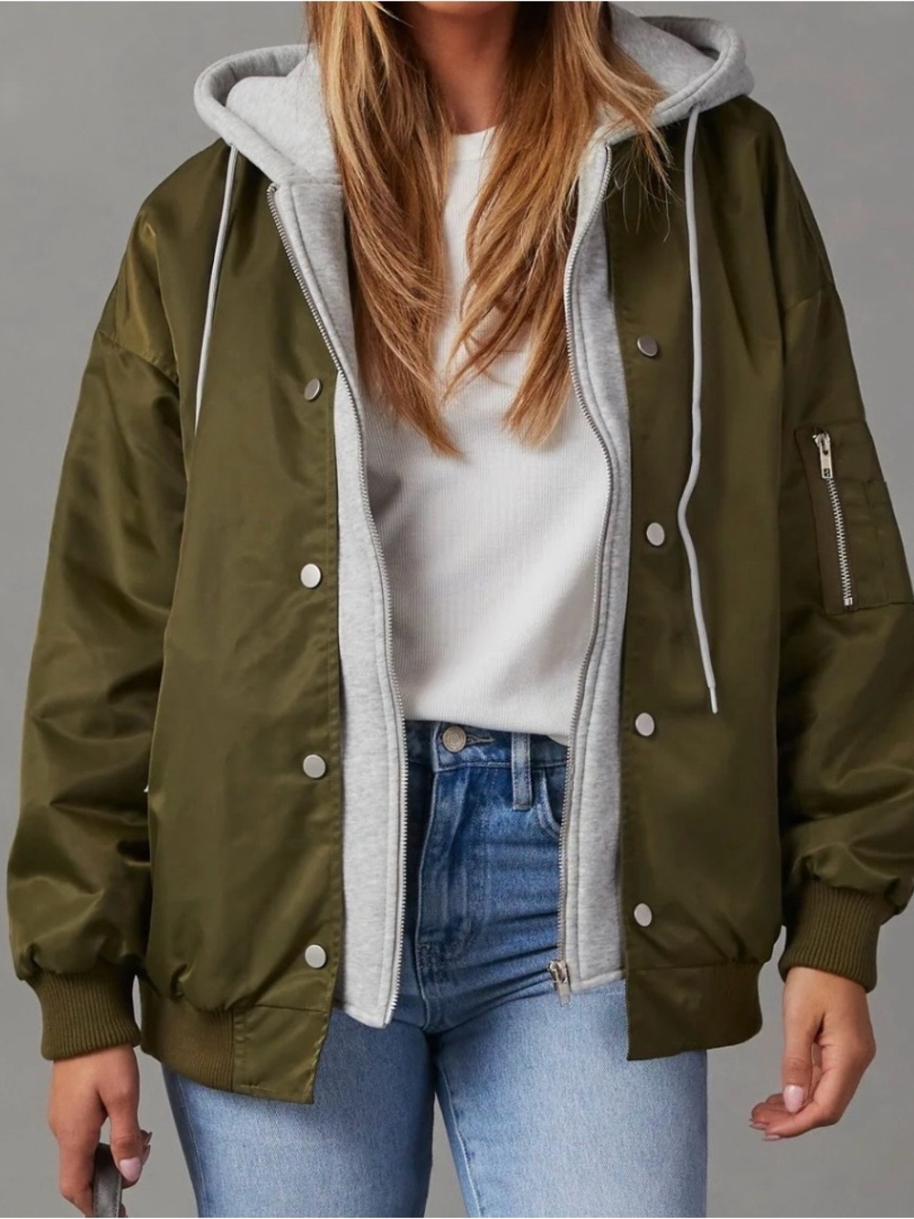 Vici Olive Green Bomber Jacket with Light Gray Hooded Liner